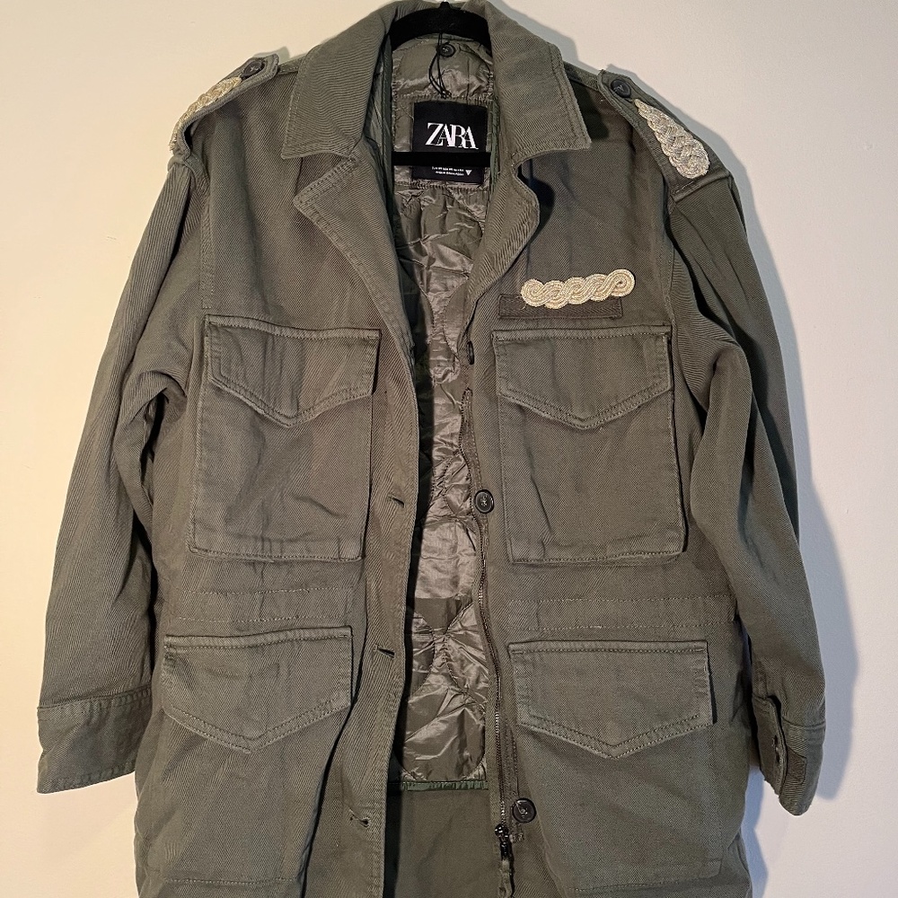 Zara Army Green Coat with Patches Size XS